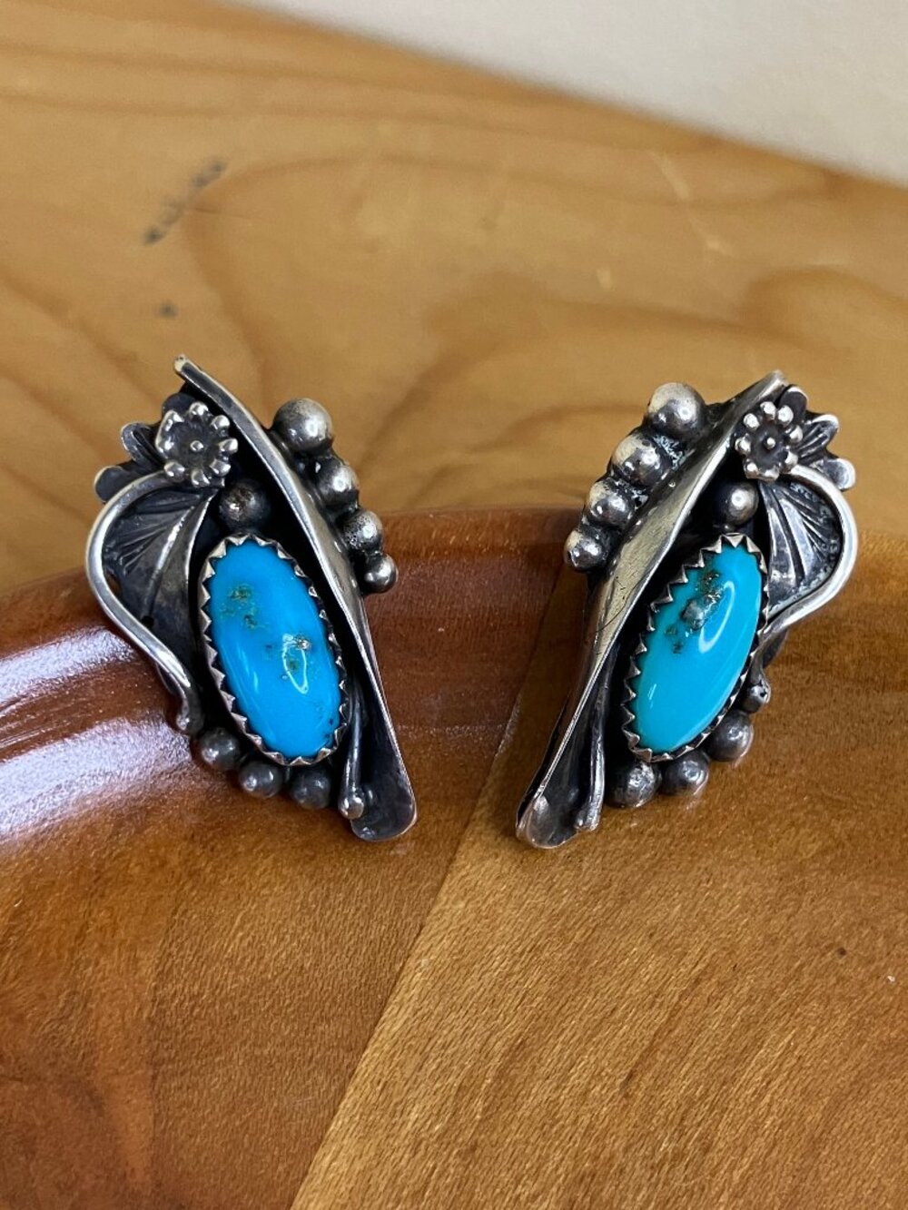 Turquoise Sterling Silver Earrings Southwestern Artisan Signed LB Les Baker